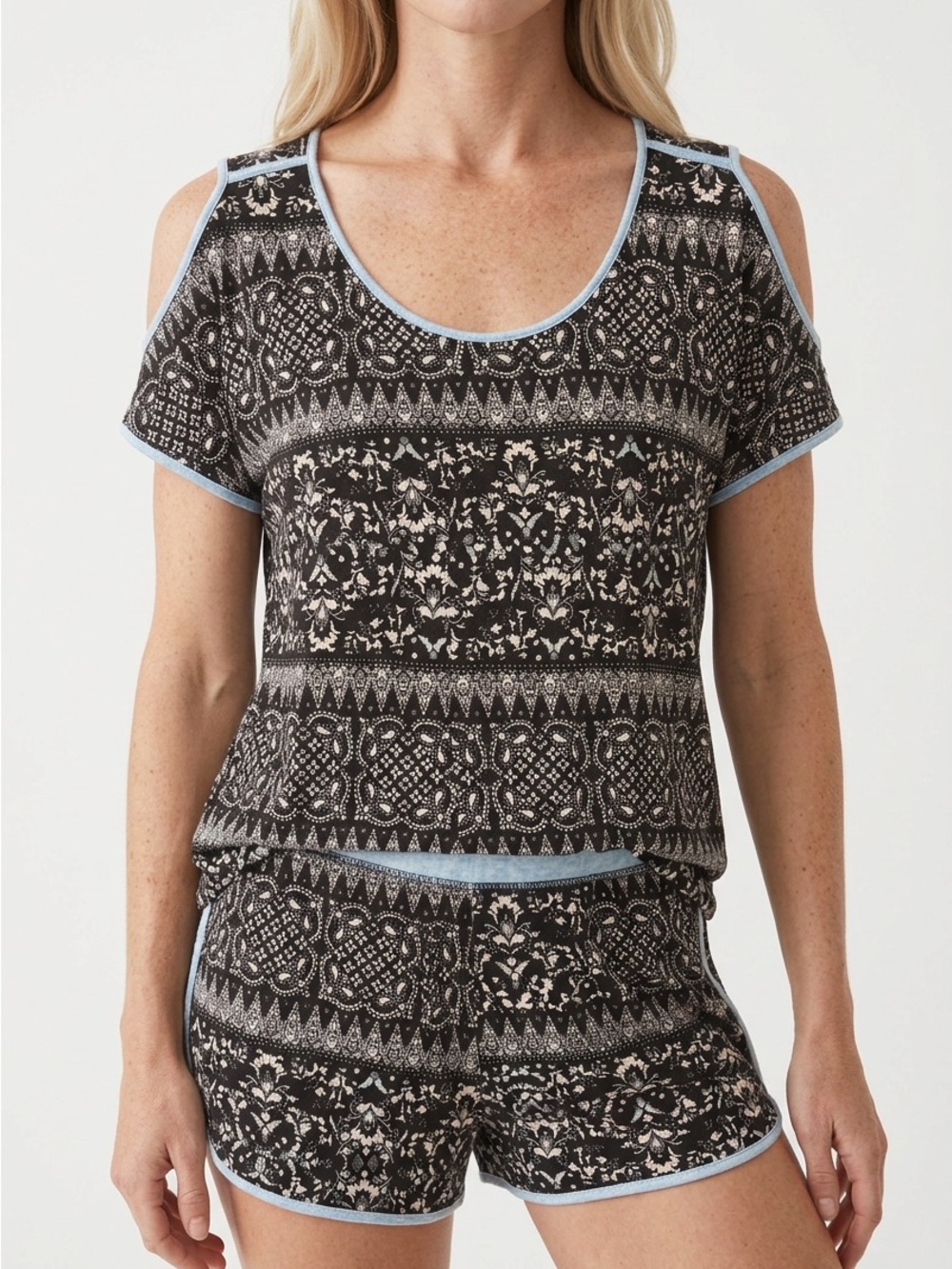 Women's Black Patterned Cold-Shoulder Pajama Set with Light Blue Trim